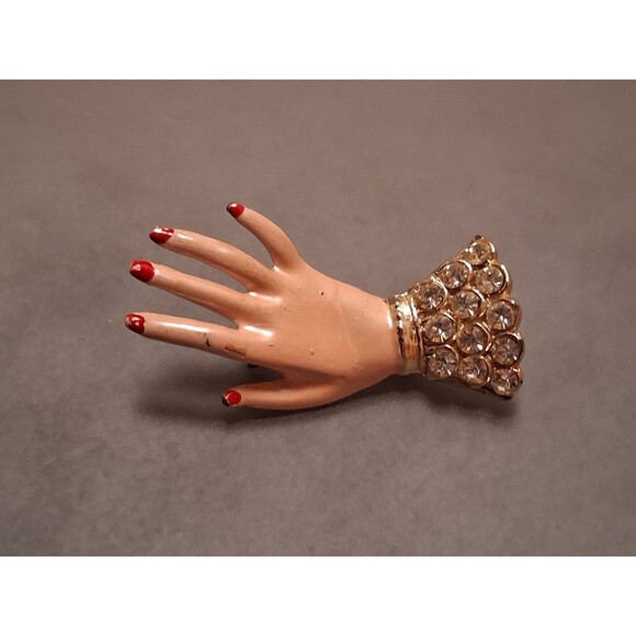 Vintage Rhinestone Enamel Hand Brooch Red Nail Polish Rhinestone Pin - Picture 1 of 4